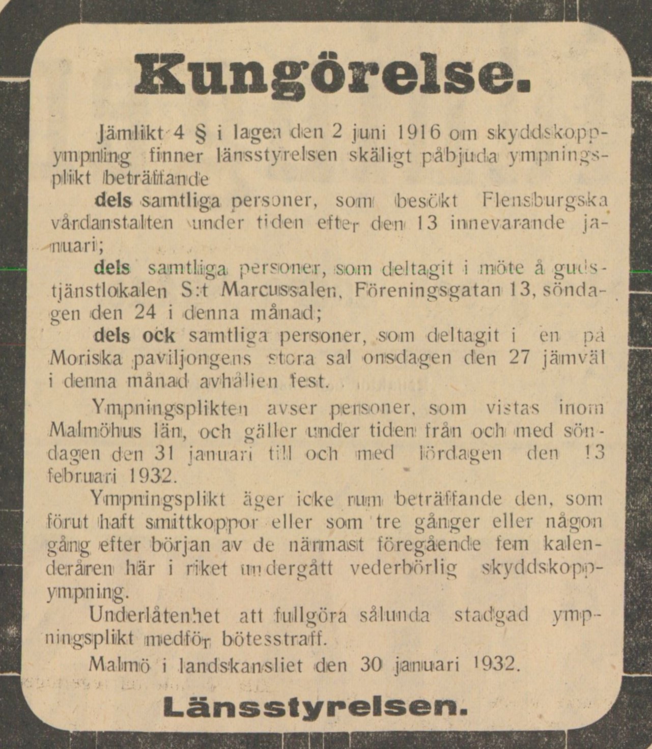 Gulnat tidningsklipp. Text: Kungörelse.