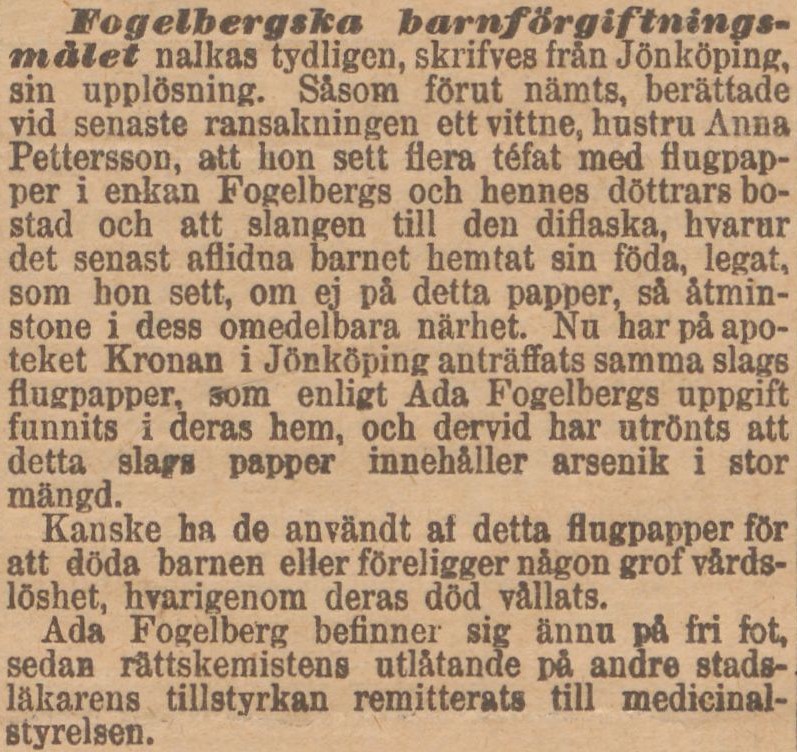 Gulnad tidningsnotis med texten: Fogelbergska barnförgiftningsmålet nalkas tydligen.