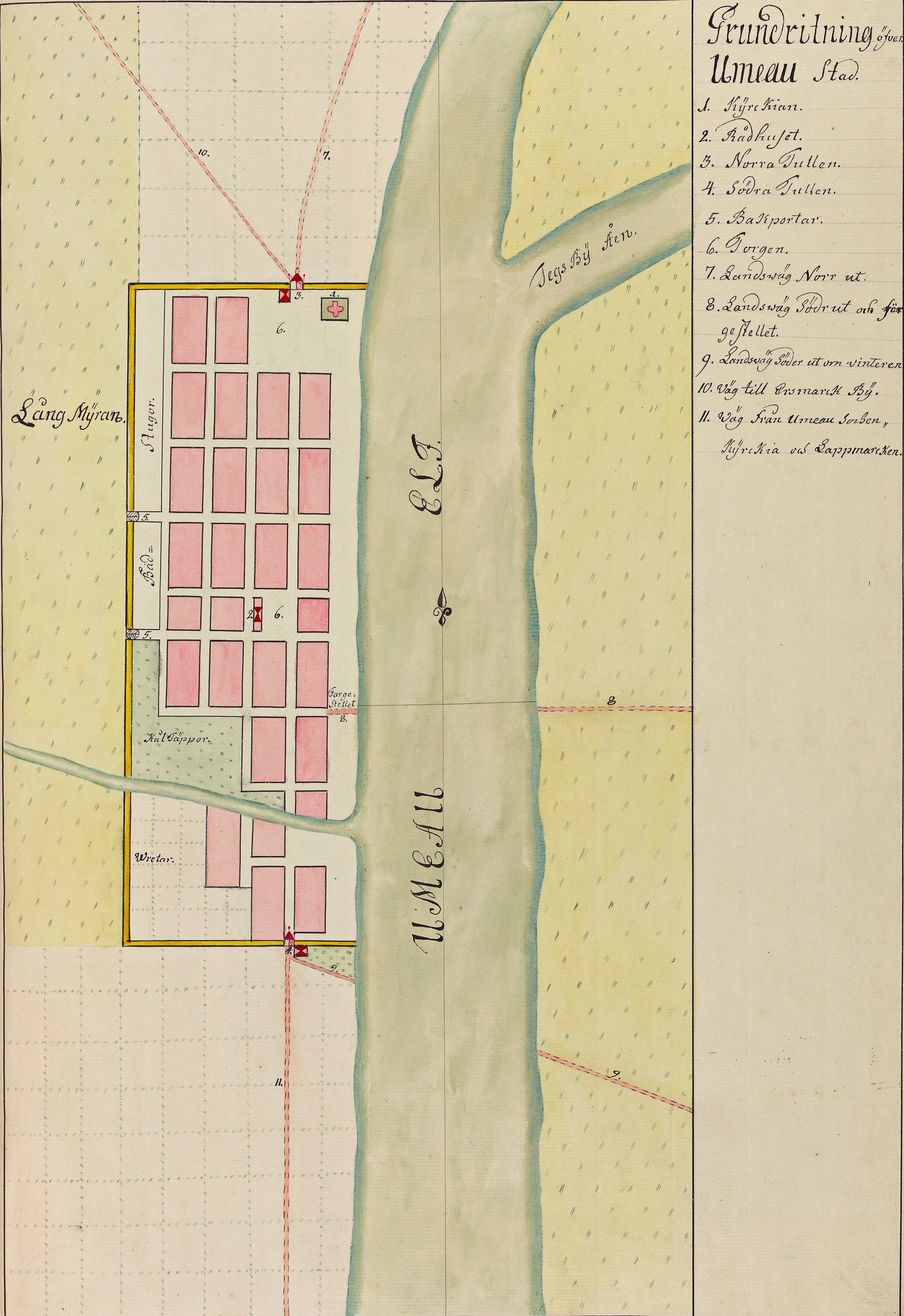 Karta över Umeå på 1700-talet, rosa fyrkantiga hus, Umeälven i grönt.