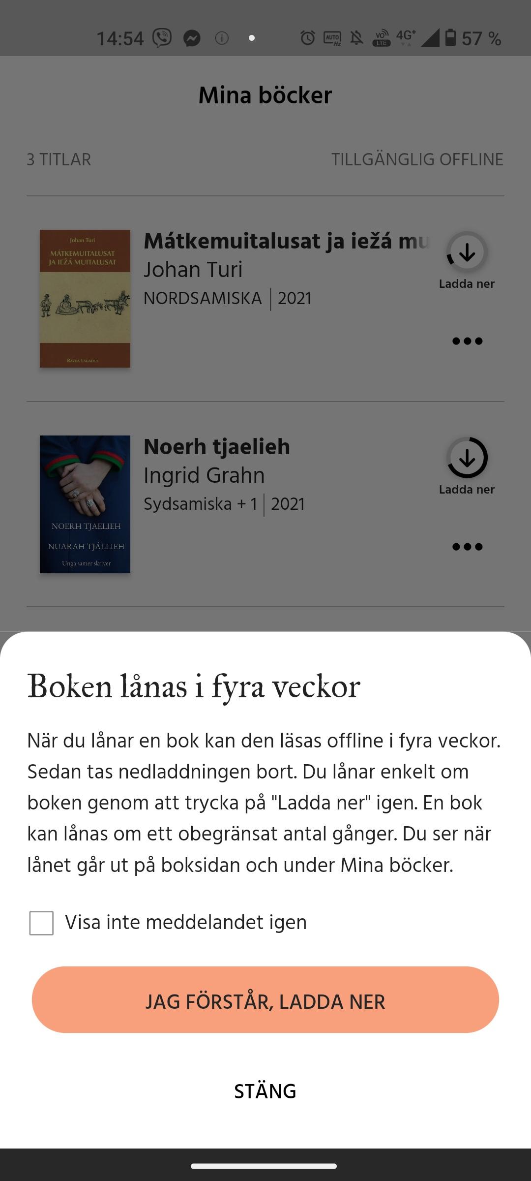 Vy från läsappen Bläddra med ett meddelande med rubriken "Boken lånas i fyra veckor".