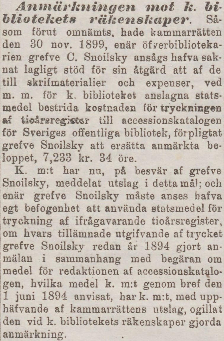 Vitt tidningsklipp med svart text. Text: Anmärkningen mot k. bibliotekets räkenskaper.