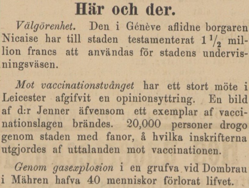 Gulnat tidningsklipp. Text: Mot vaccinationstvånget har ett stort möte i Leicester.