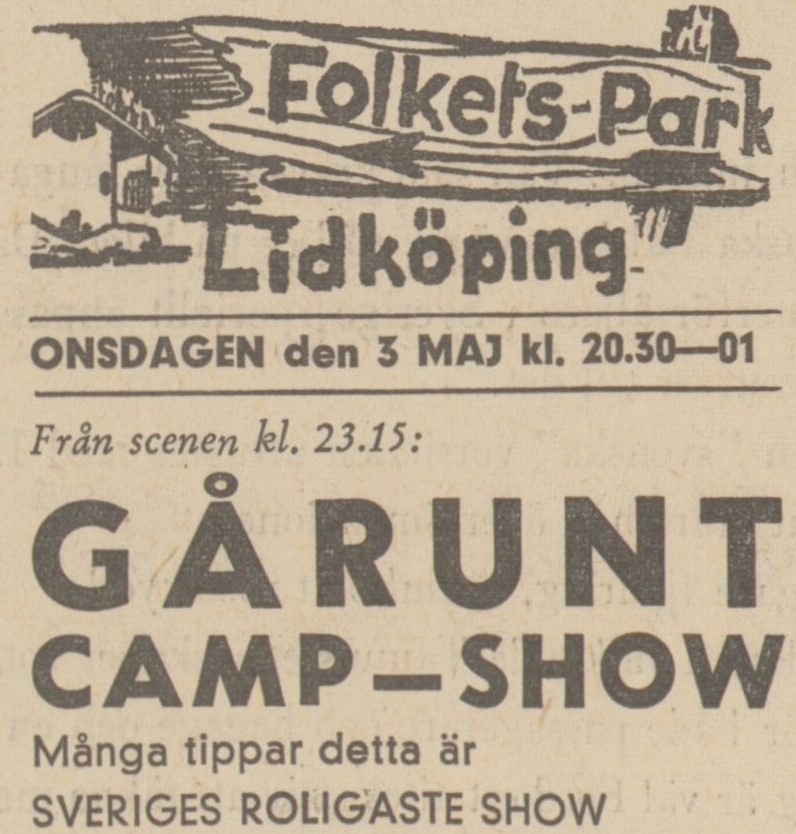 Gulnat tidningsklipp. Text: GÅRUNT CAMP-SHOW Många tippar detta är SVERIGES ROLIGASTE SHOW.