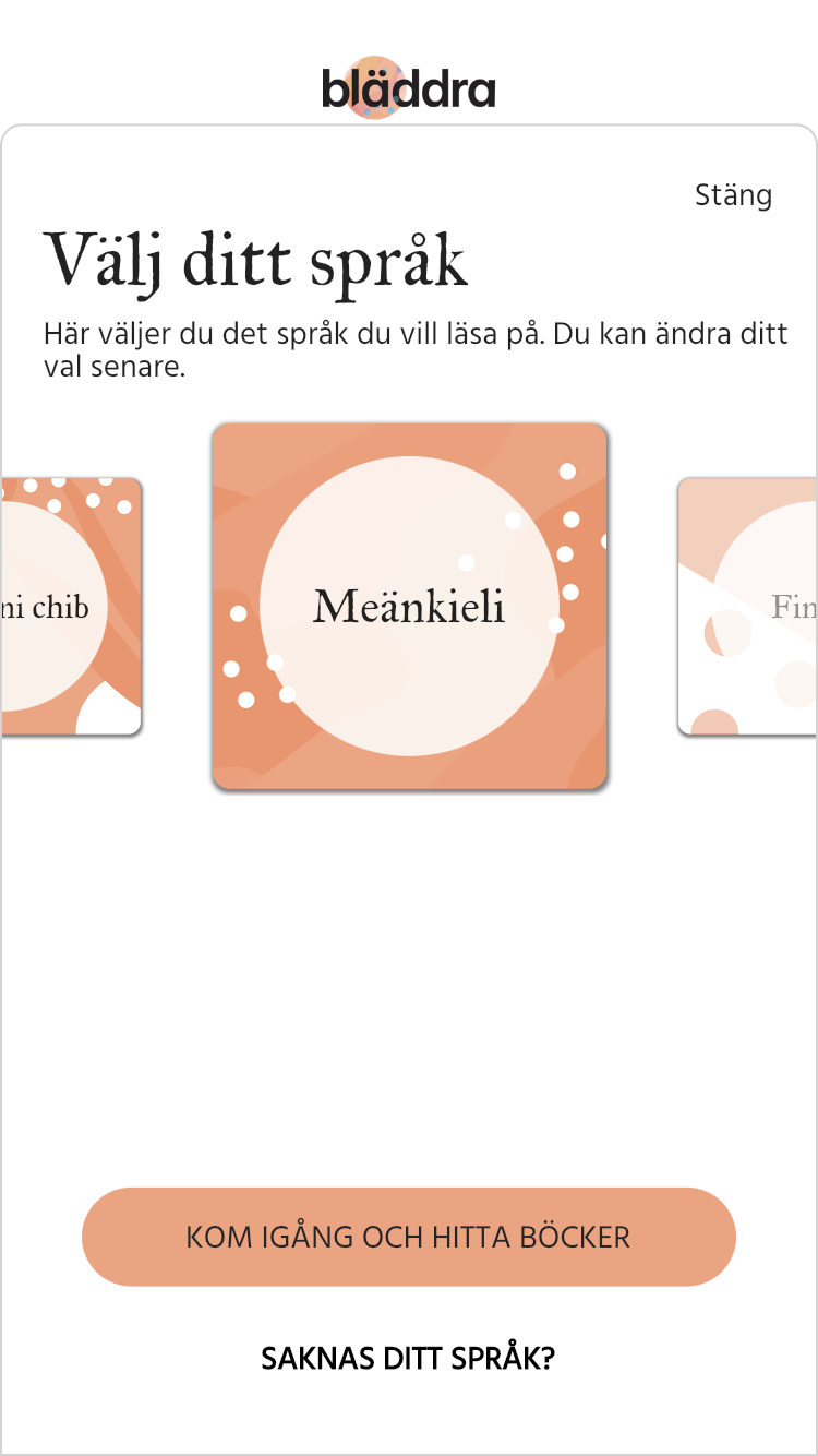 Texten "Meänkieli" på en orange platta i Bläddras språkväljare.