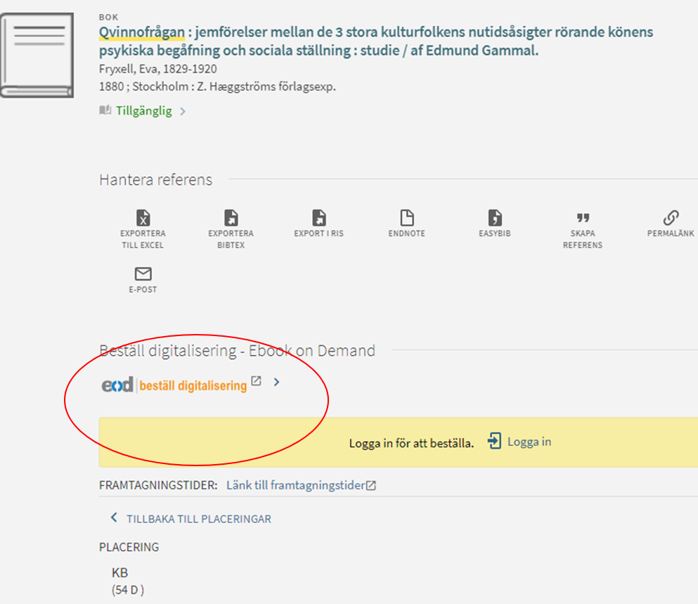 Skärmdump av katalogpost med texten "EOD digital beställning" inringad.