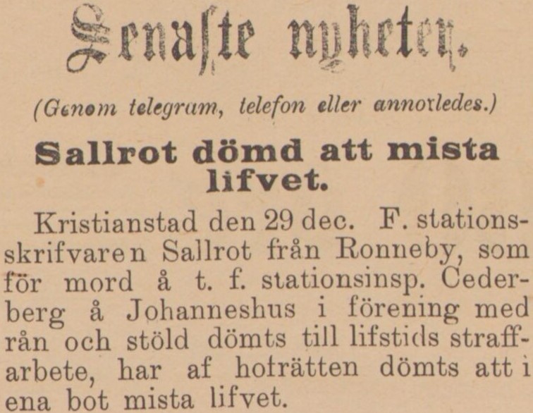 Gulnat tidningsklipp. Text: Sallrot dömd att mista lifvet.