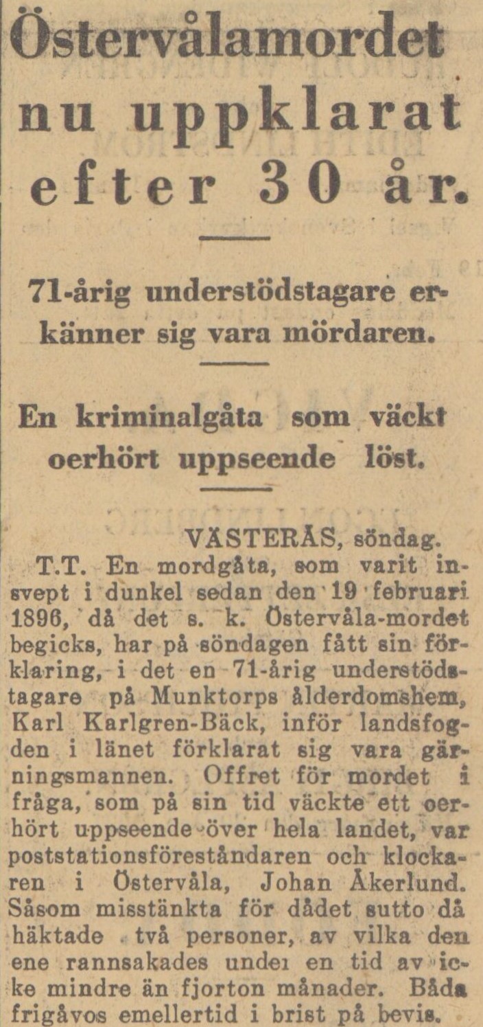 Gulnat tidningsklipp. Text: Östervålamordet nu uppklarat efter 30 år.