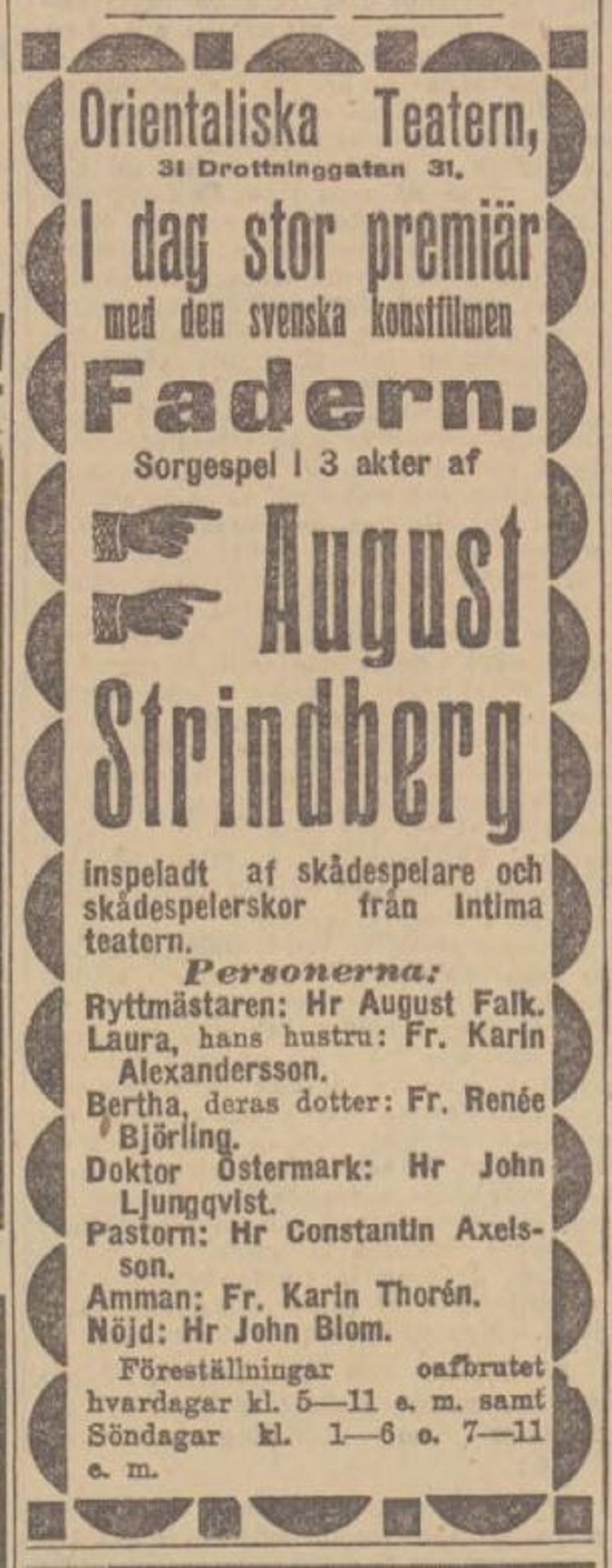 Tryckt, gulnad tidningsannons för biopremiären av August Strindbergs Fadren, här skriven Fadern.