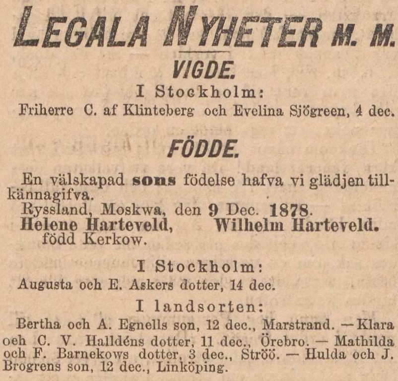 Gulnat tidningsklipp. Text: En välskapad sons födelse hafva vi glädjen tillkännagifva.