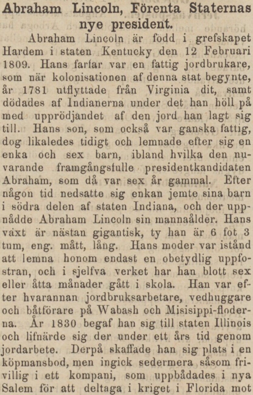 Tidningsklipp. Text: Abraham Lincoln, Förenta staternas nye president.