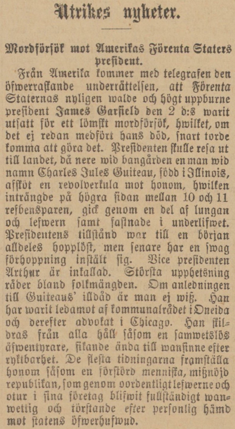 Gulnat tidningsklipp. Text: Mordförsök mot Amerikas Förenta Staters president.