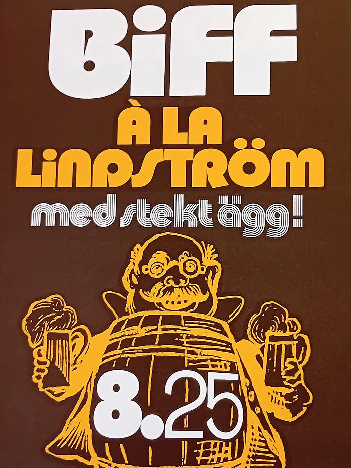 Brun affisch med gul och vit text Biff a la Lindström