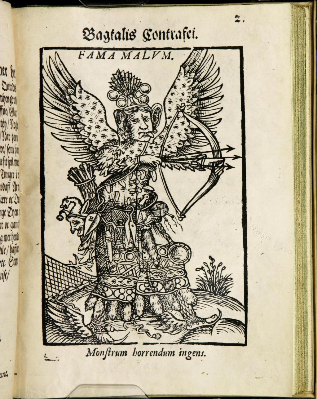Träsnitt i en bok som föreställer ett vidunder med vingar och huggtänder, som håller i en pilbåge och har en mängd olika föremål hängande runt kroppen