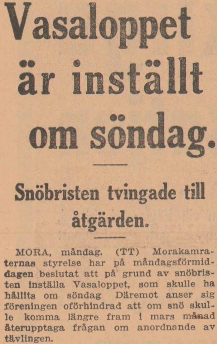 Gulnad tidning, Text: Vasaloppet är inställt om söndag.