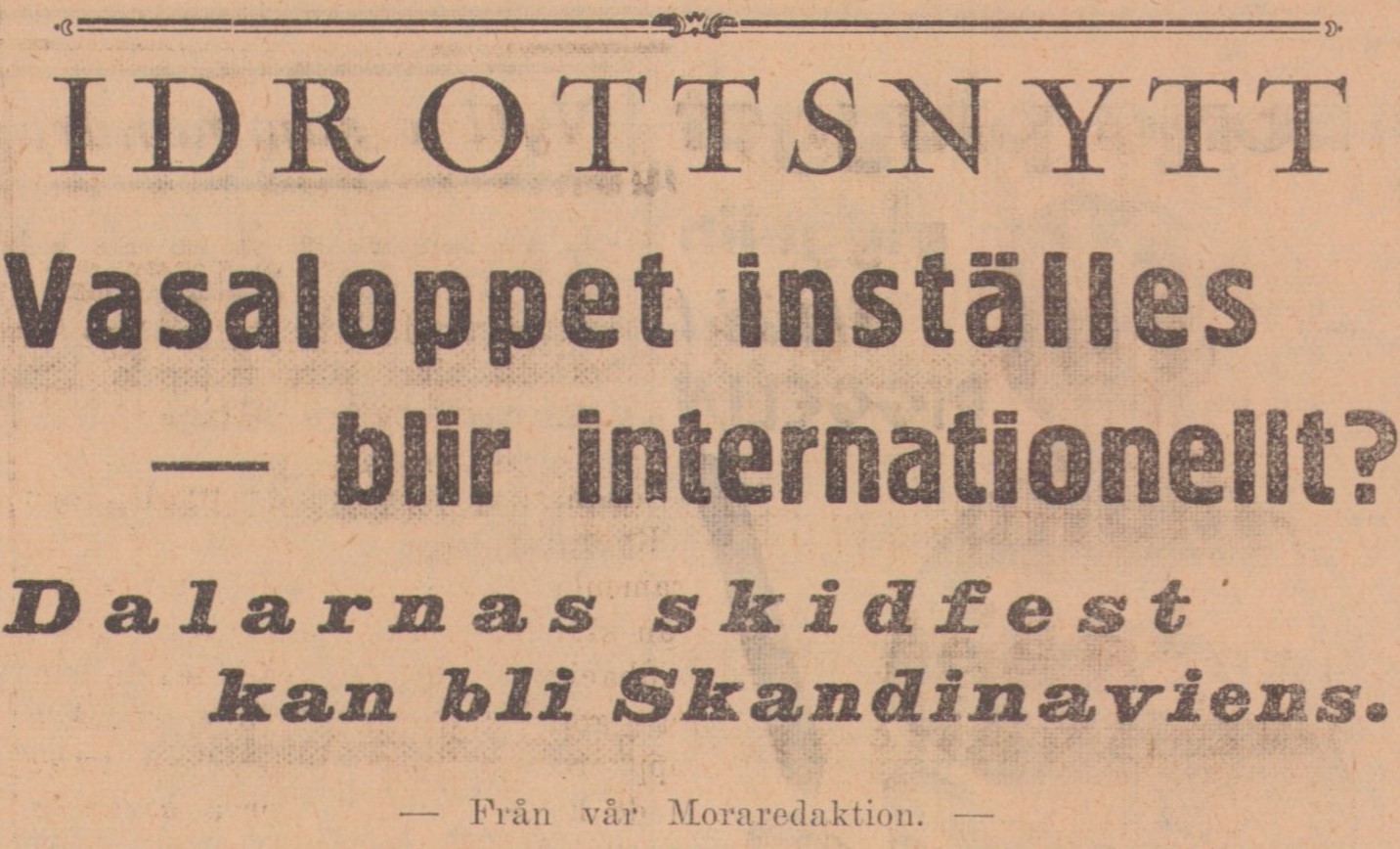 Gulnad tidning. Text: Vasaloppet inställes - blir internationellt?