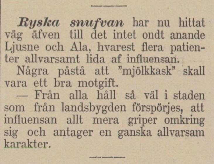 Gulnat tidningsklipp med texten: Ryska snufvan har nu hittat väg.