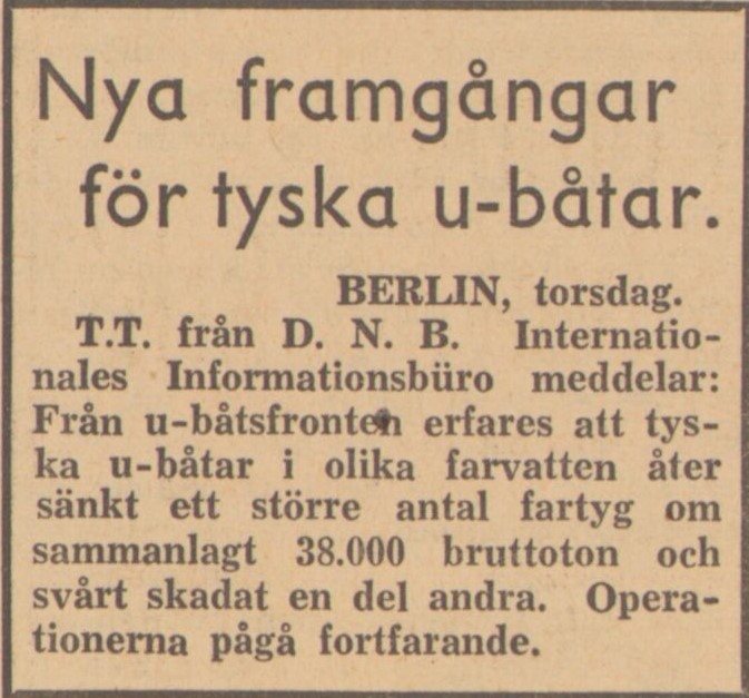 Gulnat tidningsklipp. Text: Nya framgångar för tyska u-båtar.