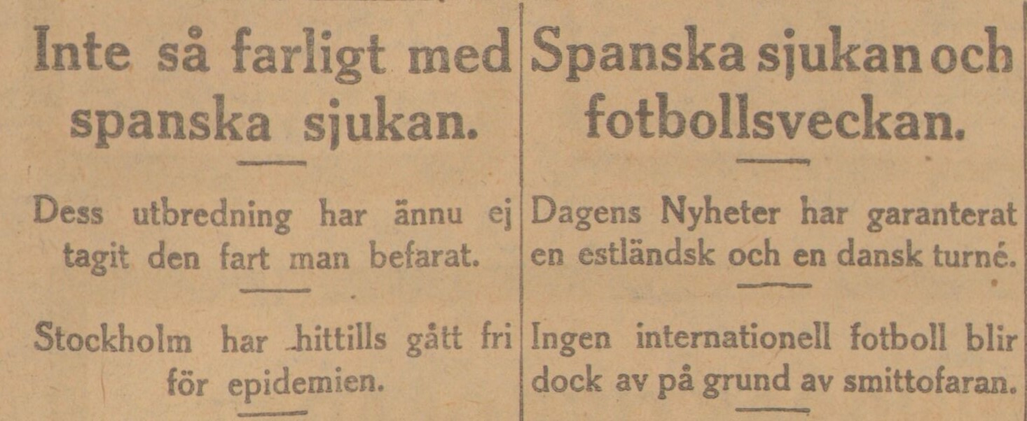 Gulnat tidningsklipp med text: Inte så farligt med spanska sjukan.