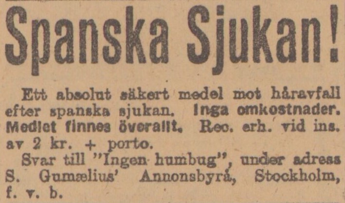 Gulnat tidningsklipp med texten: Spanska sjukan!