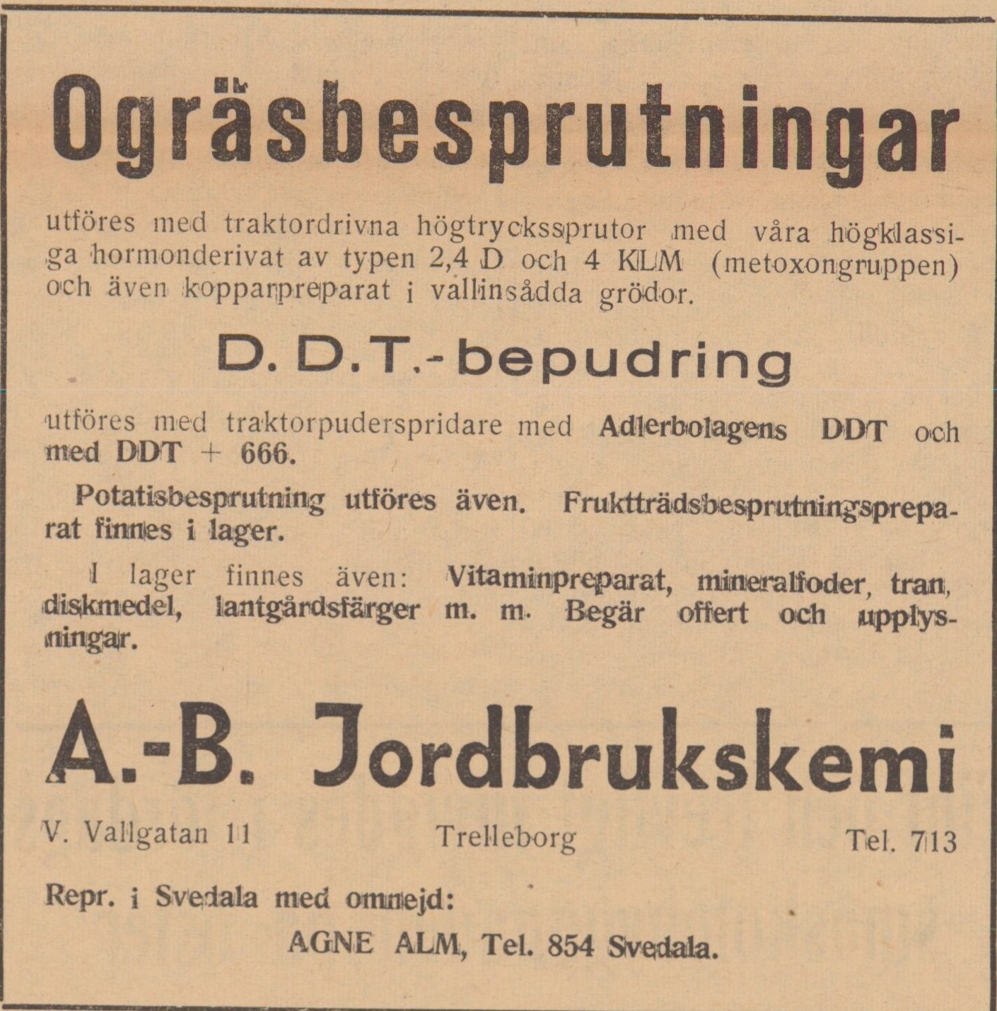 Gulnad tidningsannons med text som: Ogräsbesprutningar och DDT-bepudring.