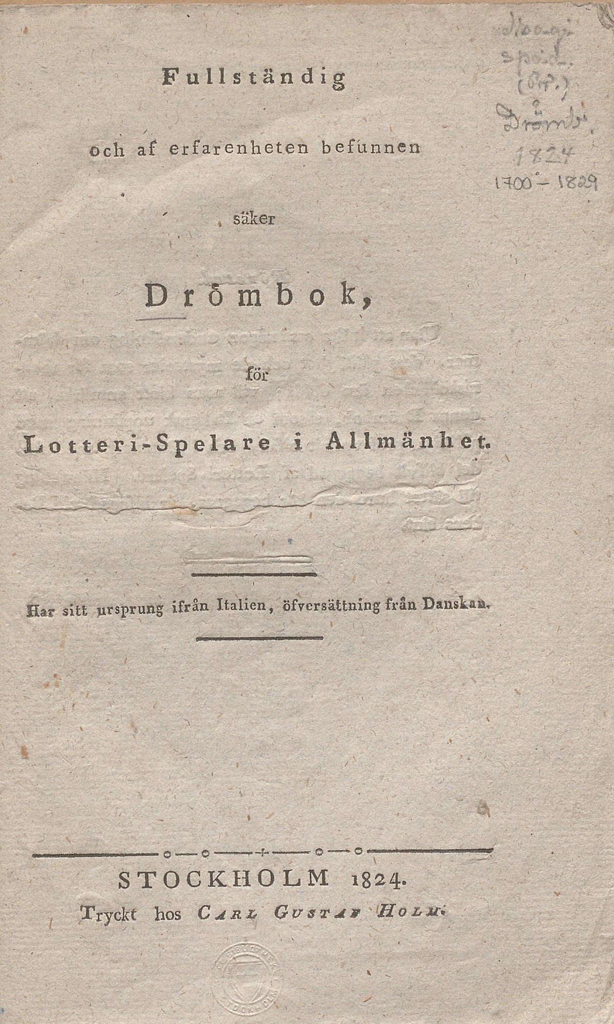 Lumppapper med boktitel. Text: Fullständig och af erfarenheten befunnen säker drömbok.